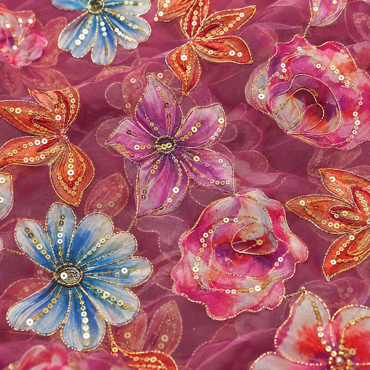Magenta Embroidered Organza Fabric | Premium Sheer Material for Ethnic & Party Wear