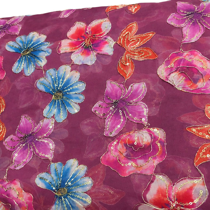 Magenta Embroidered Organza Fabric | Premium Sheer Material for Ethnic & Party Wear