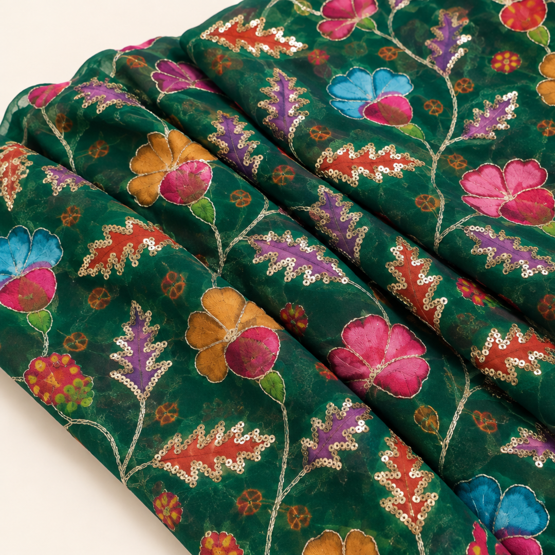 Dark Green Embroidered Organza Fabric | Premium Sheer Material for Ethnic & Party Wear
