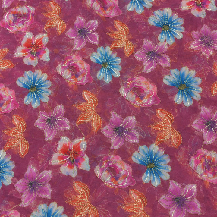 Magenta Embroidered Organza Fabric | Premium Sheer Material for Ethnic & Party Wear