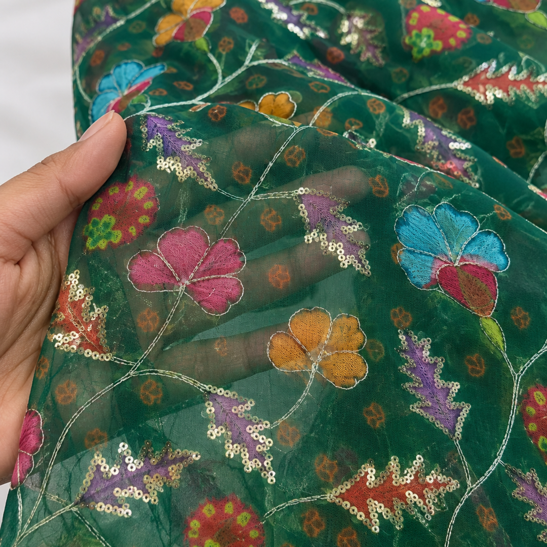 Dark Green Embroidered Organza Fabric | Premium Sheer Material for Ethnic & Party Wear