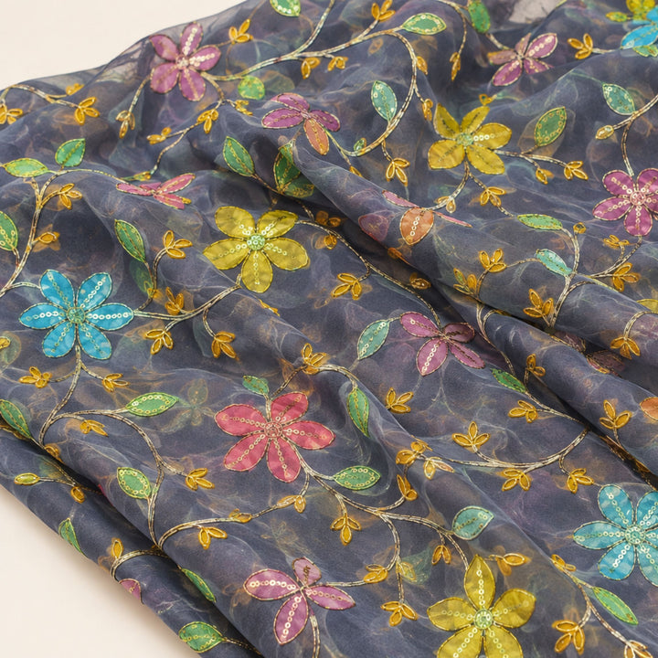 Deep Violet Embroidered Organza Fabric | Premium Sheer Material for Ethnic & Party Wear