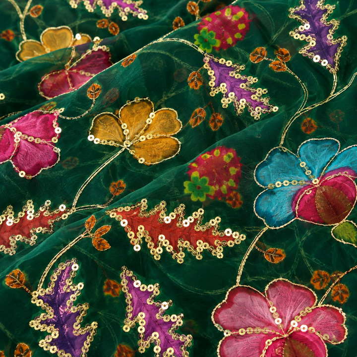 Dark Green Embroidered Organza Fabric | Premium Sheer Material for Ethnic & Party Wear