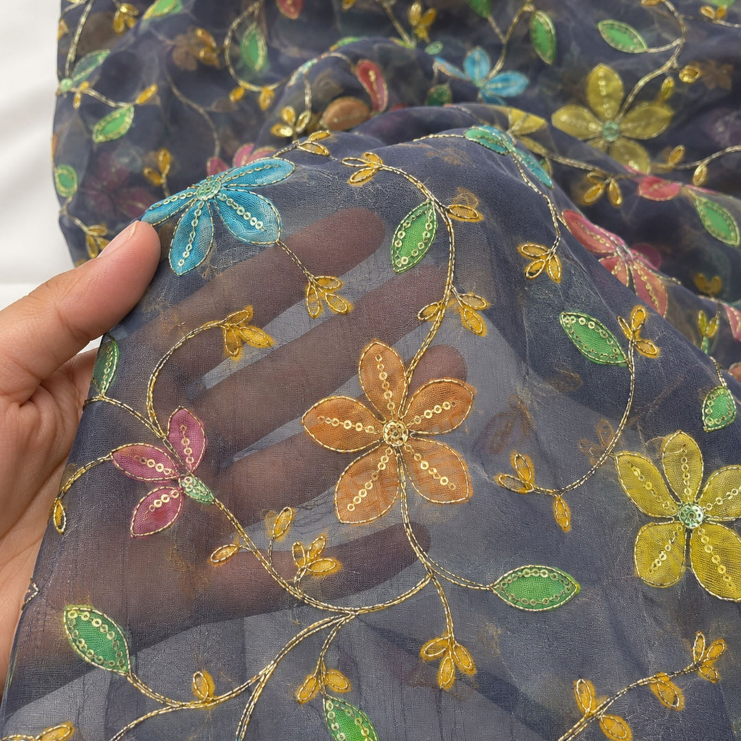 Deep Violet Embroidered Organza Fabric | Premium Sheer Material for Ethnic & Party Wear