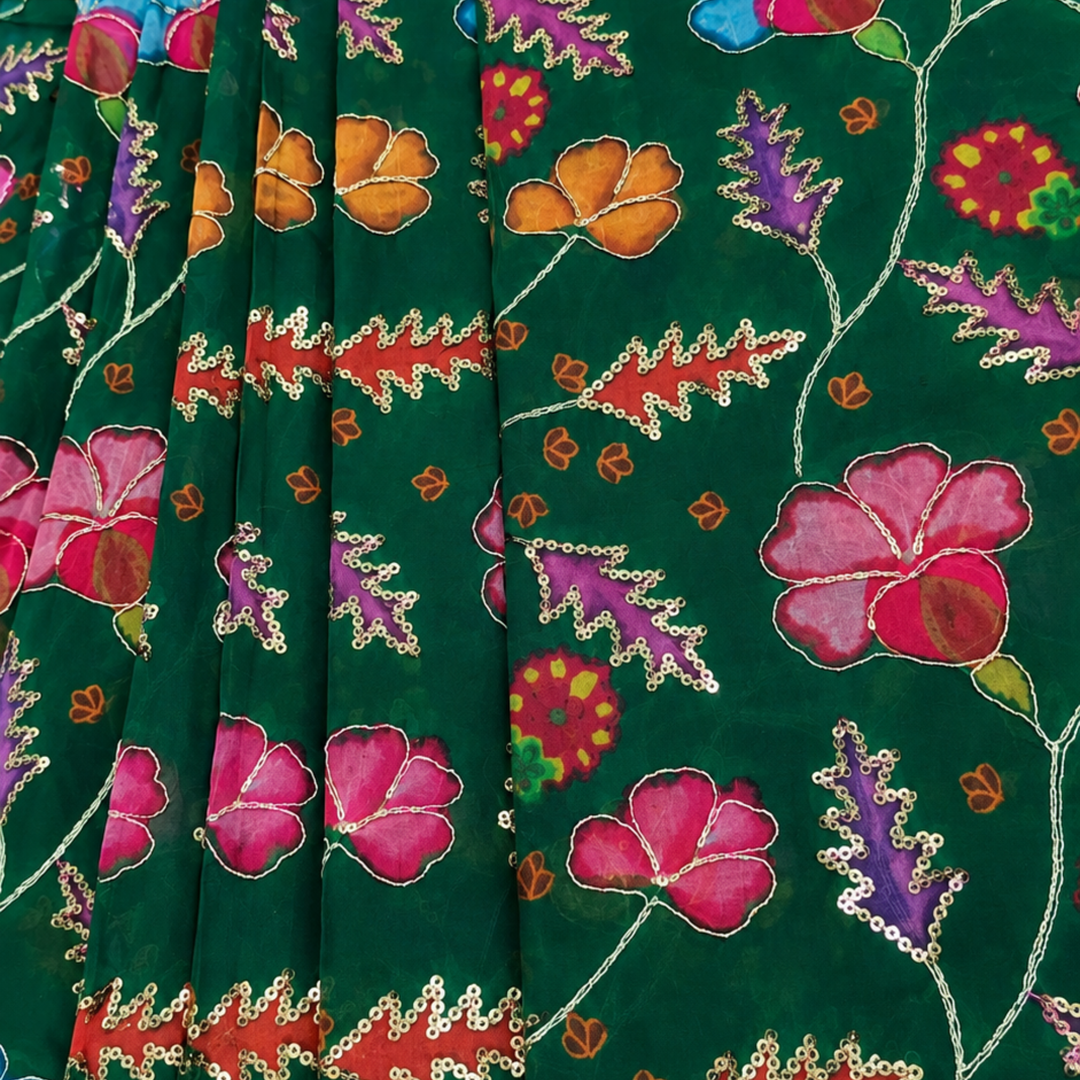 Dark Green Embroidered Organza Fabric | Premium Sheer Material for Ethnic & Party Wear