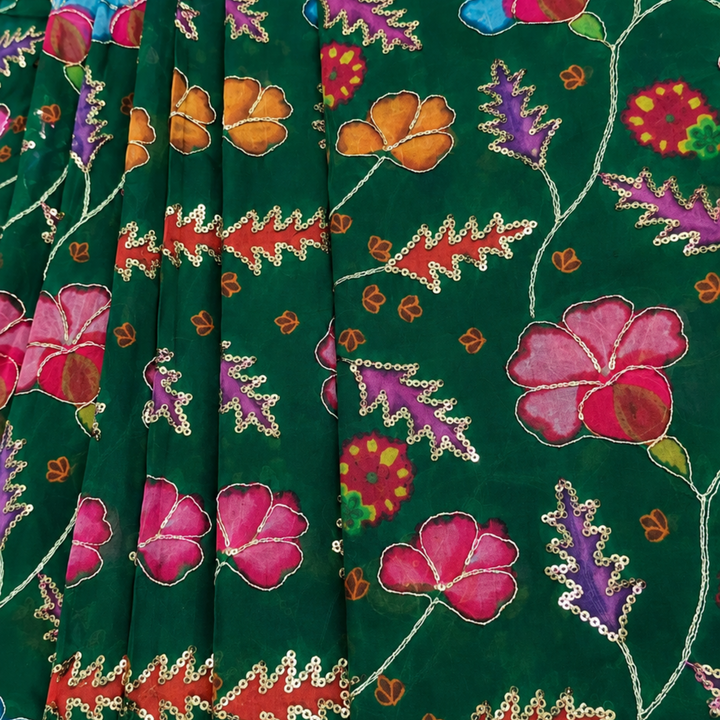 Dark Green Embroidered Organza Fabric | Premium Sheer Material for Ethnic & Party Wear