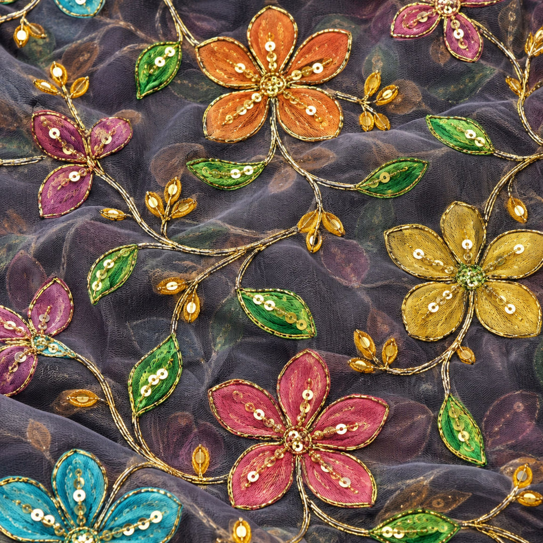 Deep Violet Embroidered Organza Fabric | Premium Sheer Material for Ethnic & Party Wear