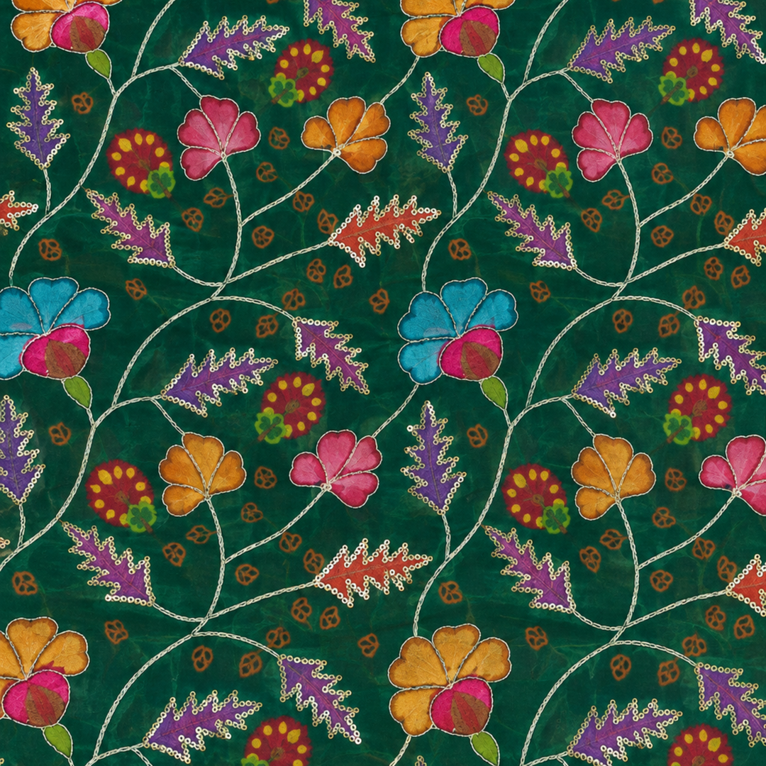 Dark Green Embroidered Organza Fabric | Premium Sheer Material for Ethnic & Party Wear