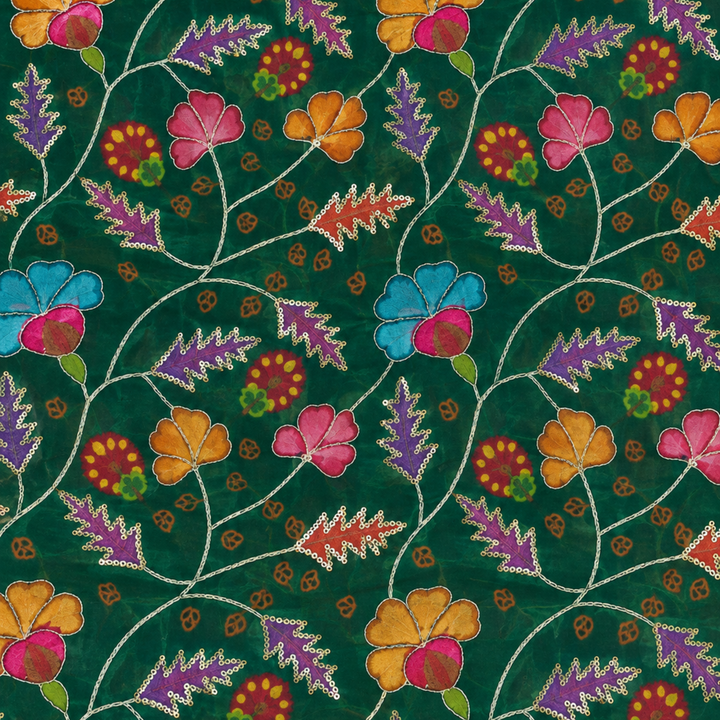 Dark Green Embroidered Organza Fabric | Premium Sheer Material for Ethnic & Party Wear