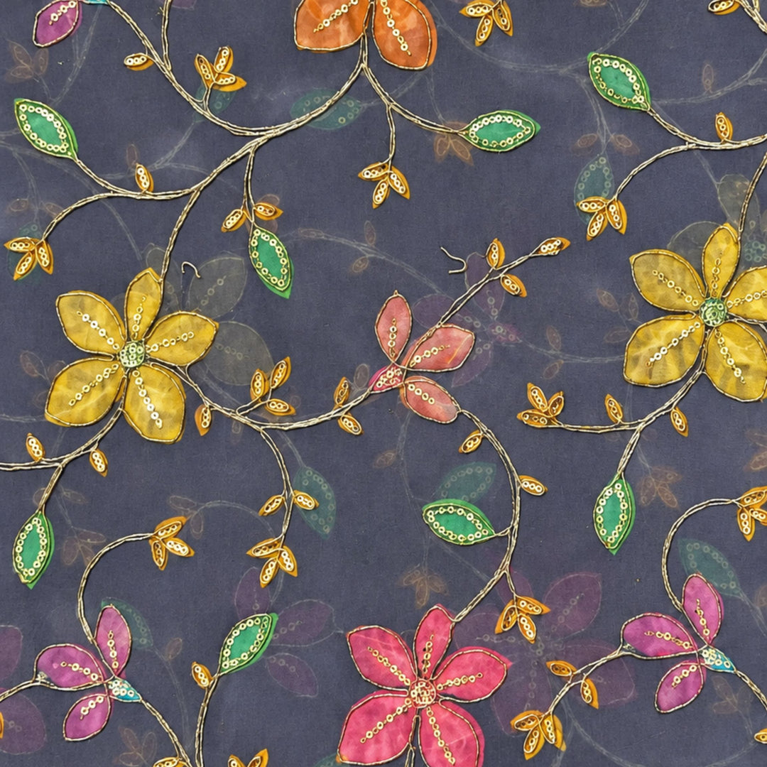 Deep Violet Embroidered Organza Fabric | Premium Sheer Material for Ethnic & Party Wear