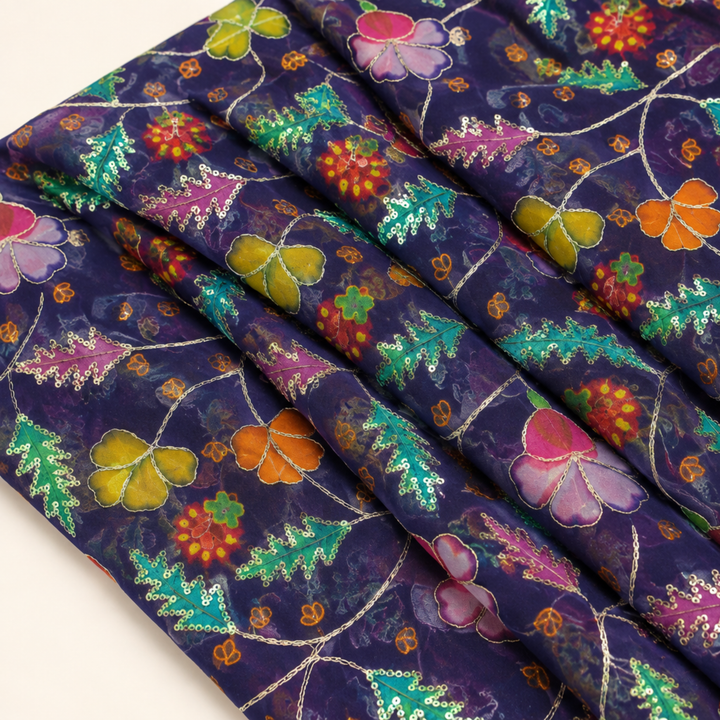 Deep Purple Embroidered Organza Fabric | Premium Sheer Material for Ethnic & Party Wear