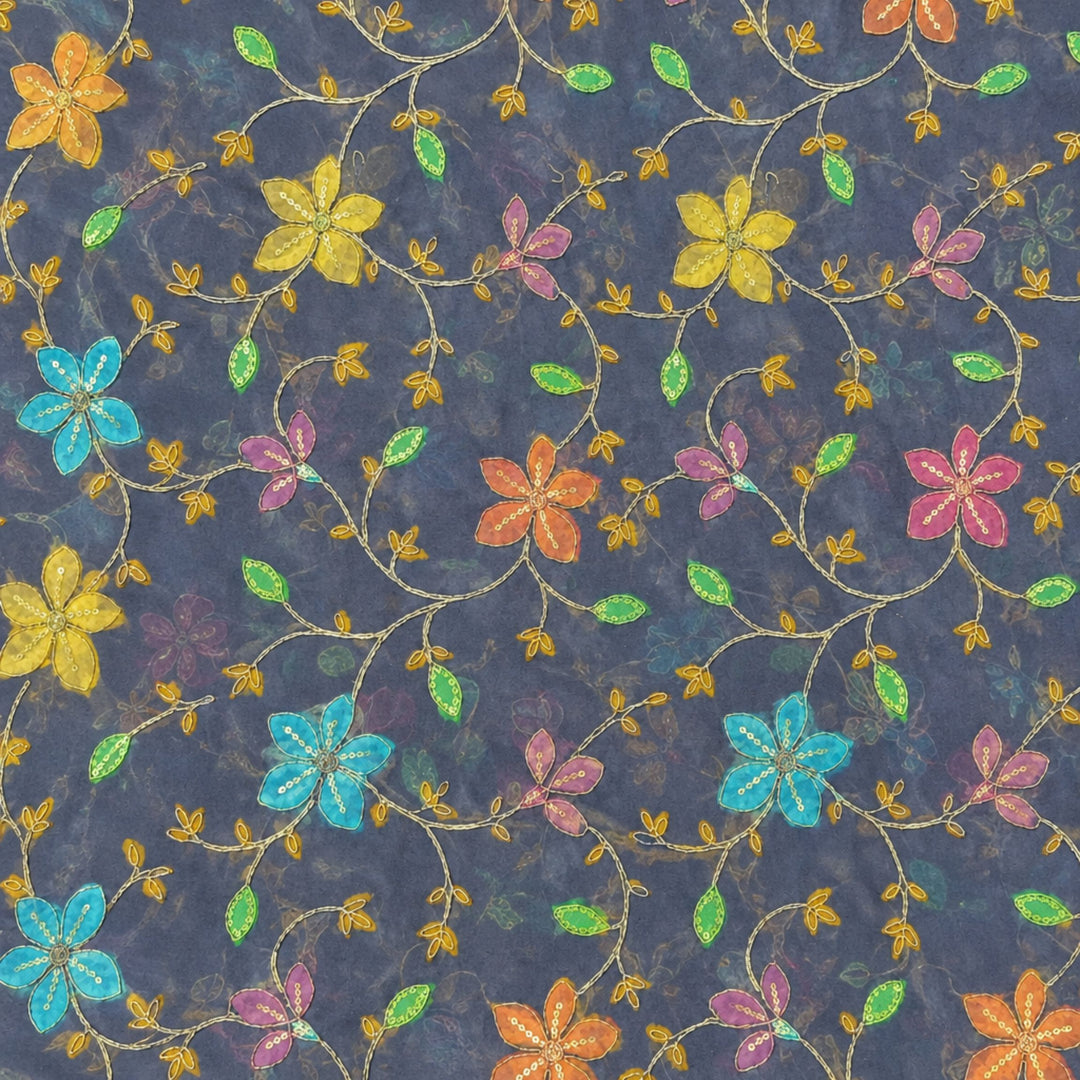 Deep Violet Embroidered Organza Fabric | Premium Sheer Material for Ethnic & Party Wear