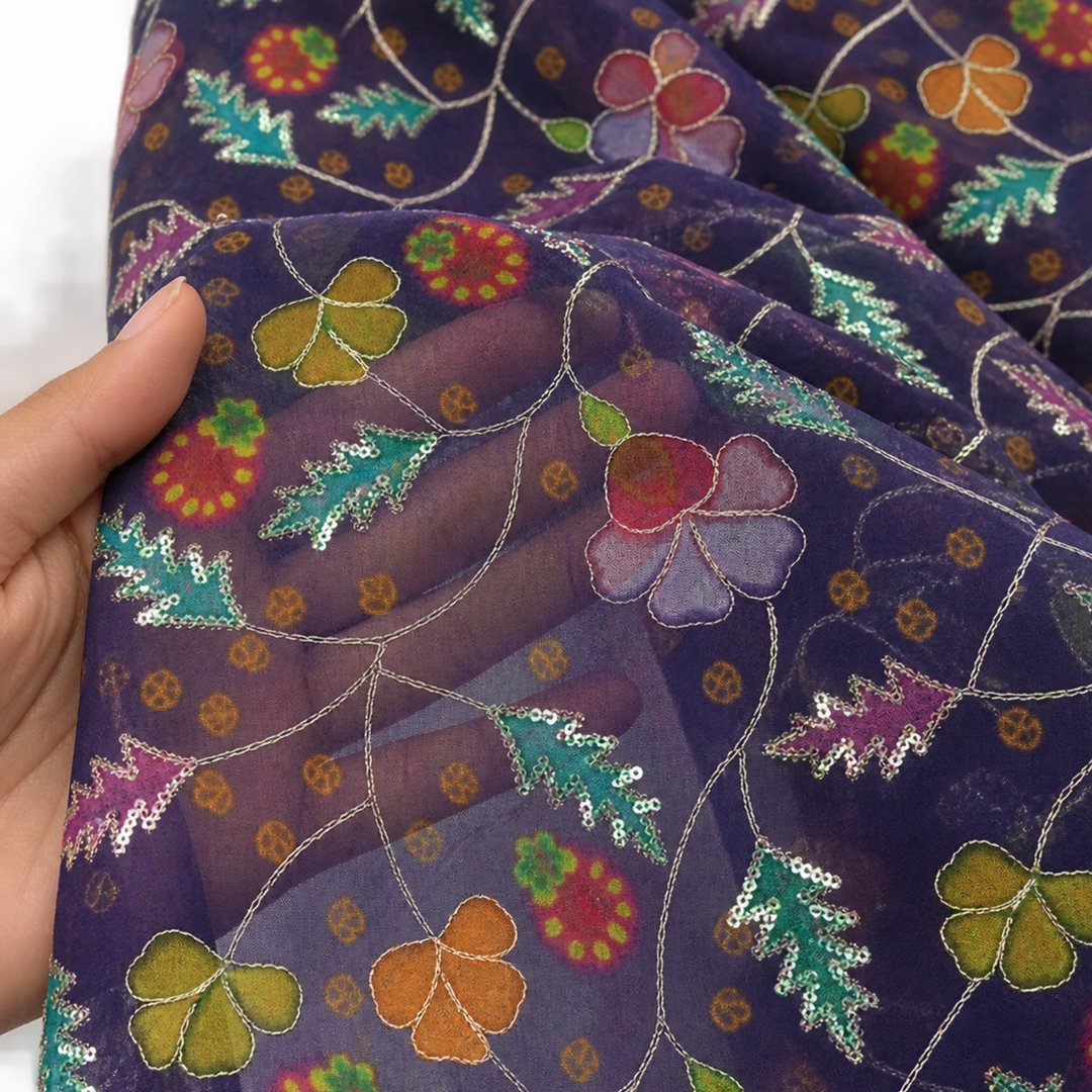 Deep Purple Embroidered Organza Fabric | Premium Sheer Material for Ethnic & Party Wear