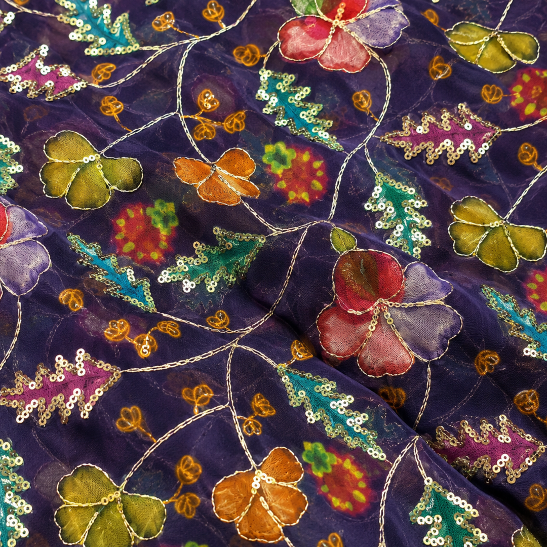 Deep Purple Embroidered Organza Fabric | Premium Sheer Material for Ethnic & Party Wear