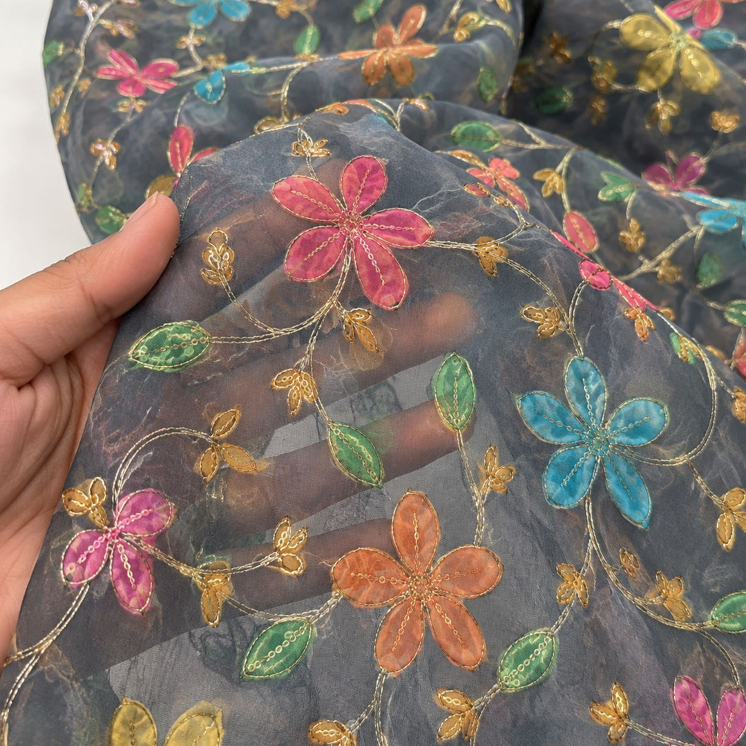 Light Grey Embroidered Organza Fabric | Premium Sheer Material for Ethnic & Party Wear