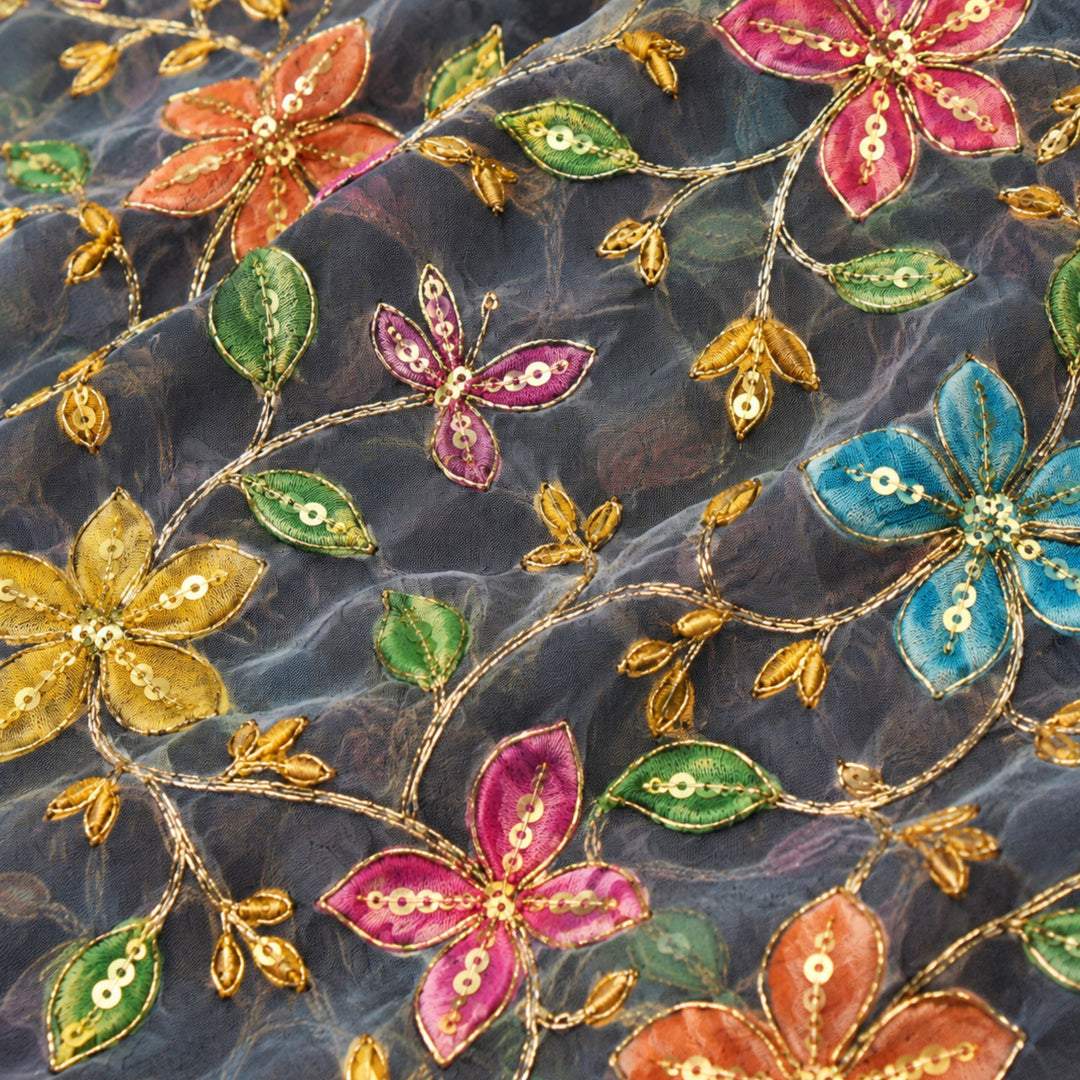 Light Grey Embroidered Organza Fabric | Premium Sheer Material for Ethnic & Party Wear