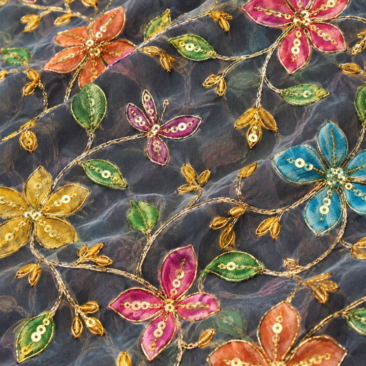 Light Grey Embroidered Organza Fabric | Premium Sheer Material for Ethnic & Party Wear