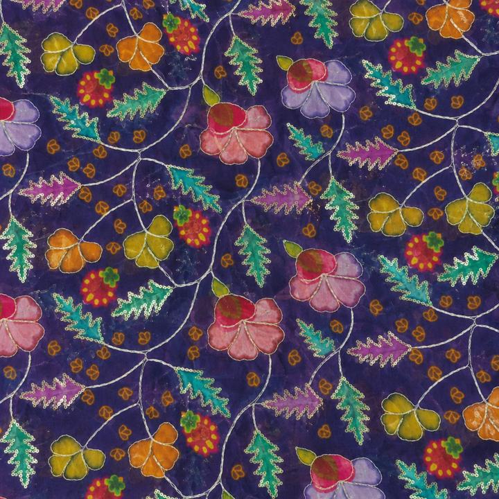Deep Purple Embroidered Organza Fabric | Premium Sheer Material for Ethnic & Party Wear