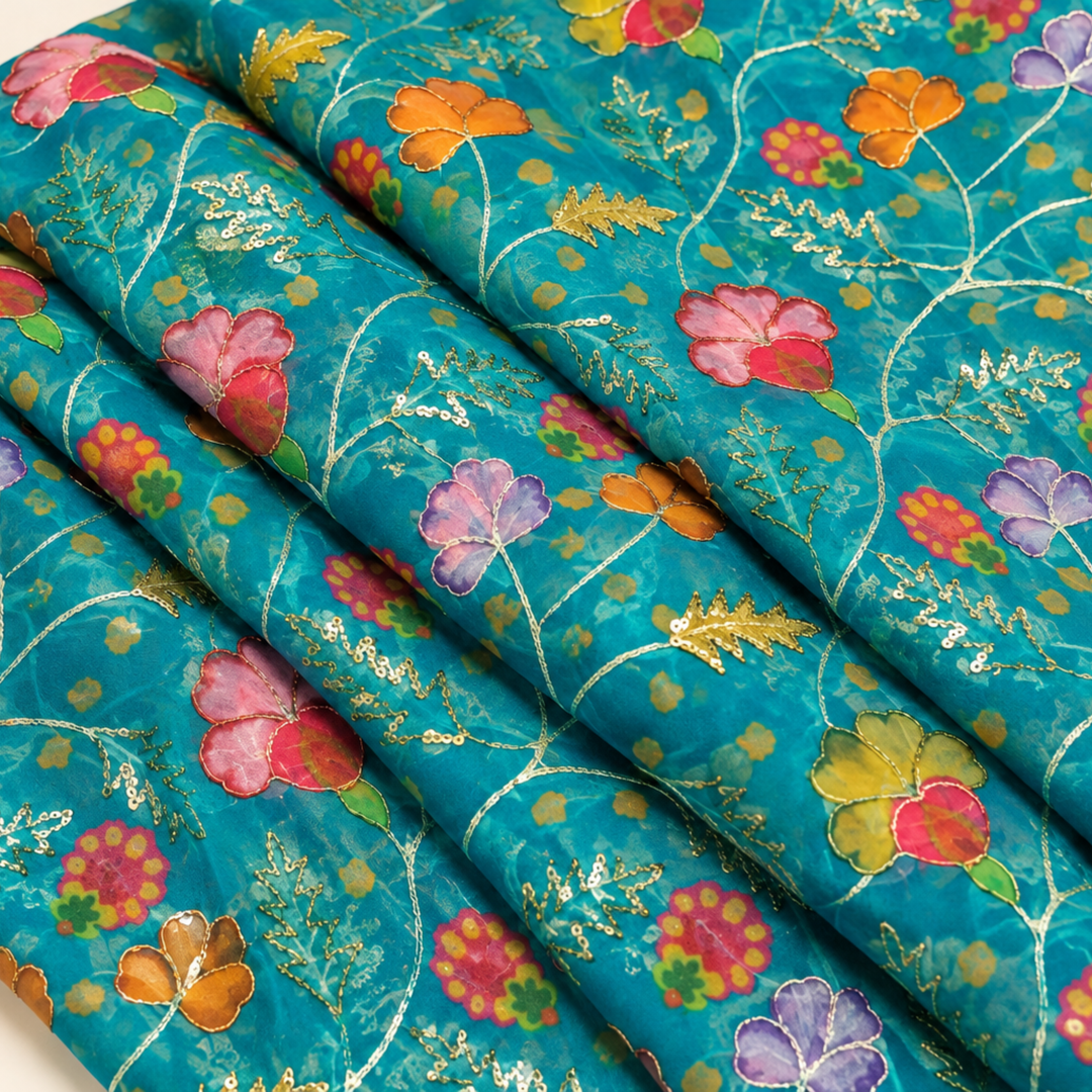 Peacock Blue Embroidered Organza Fabric | Premium Sheer Material for Ethnic & Party Wear
