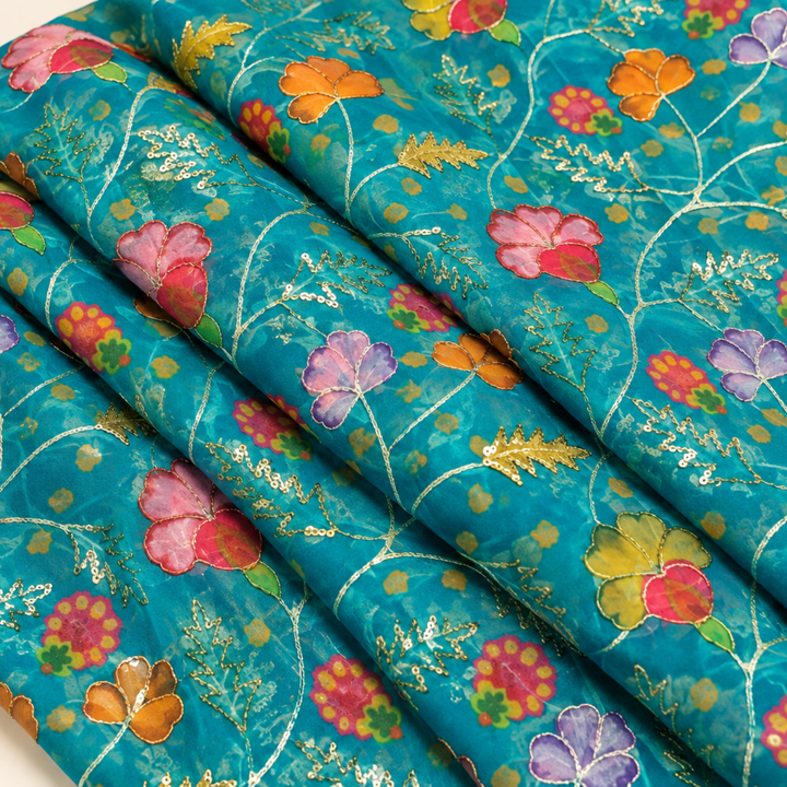 Peacock Blue Embroidered Organza Fabric | Premium Sheer Material for Ethnic & Party Wear
