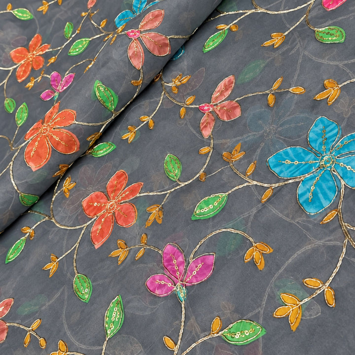 Light Grey Embroidered Organza Fabric | Premium Sheer Material for Ethnic & Party Wear