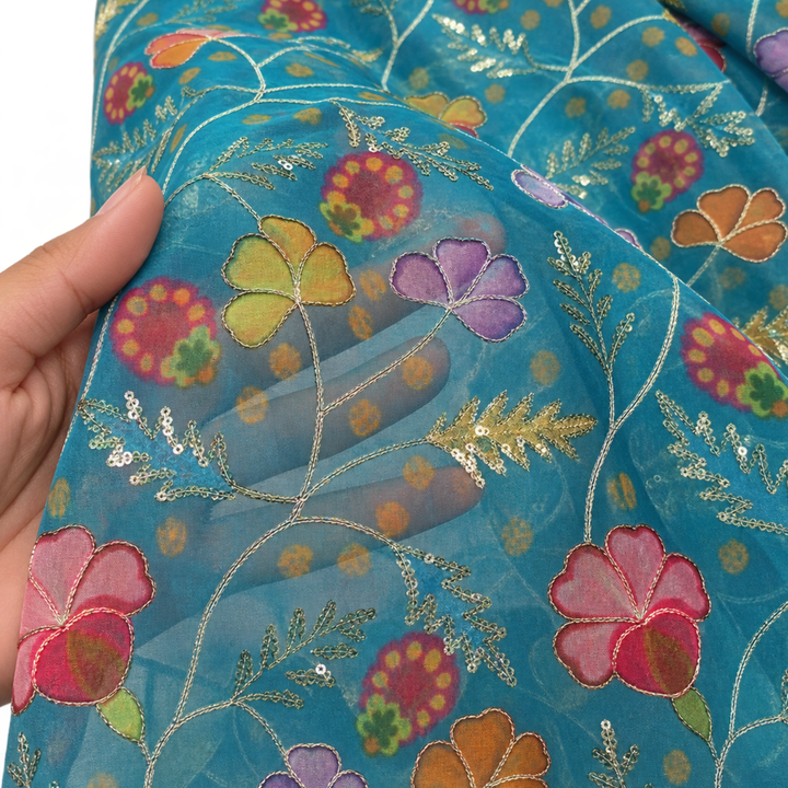 Peacock Blue Embroidered Organza Fabric | Premium Sheer Material for Ethnic & Party Wear