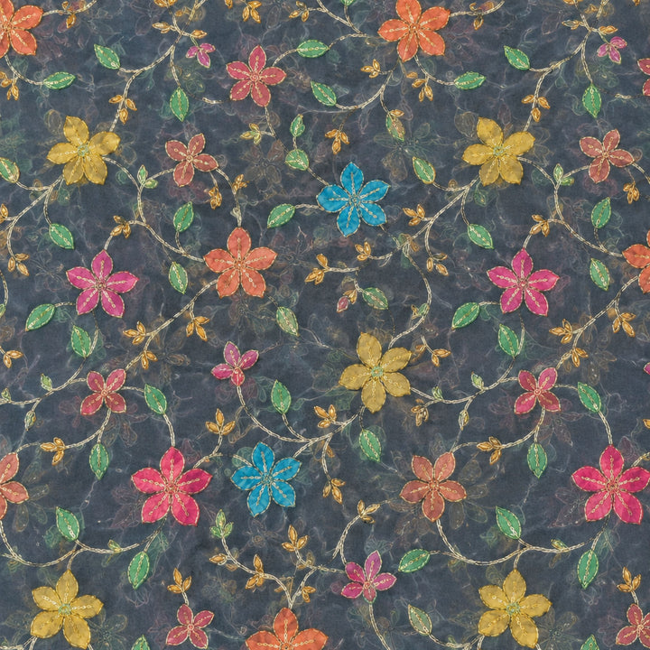 Light Grey Embroidered Organza Fabric | Premium Sheer Material for Ethnic & Party Wear