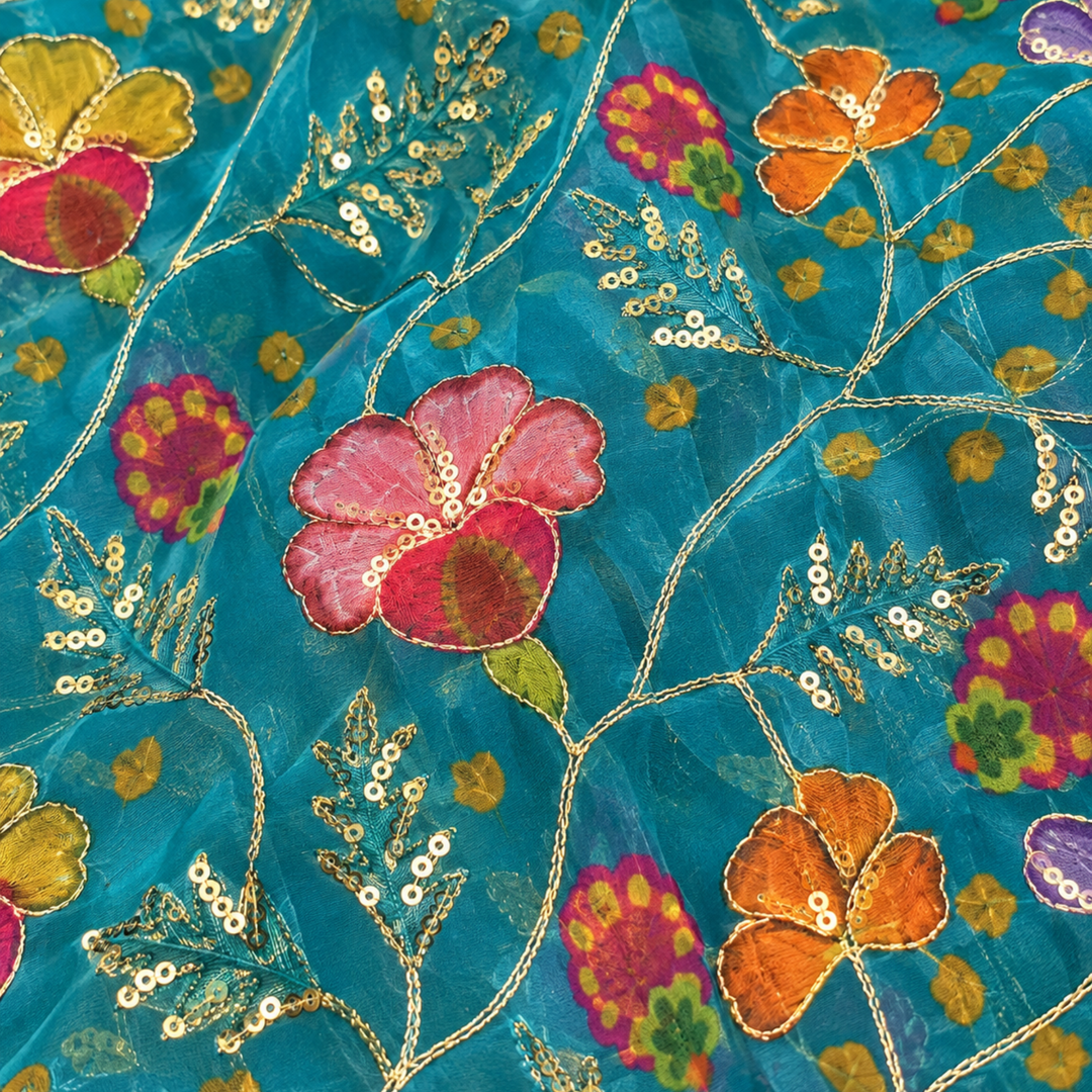 Peacock Blue Embroidered Organza Fabric | Premium Sheer Material for Ethnic & Party Wear