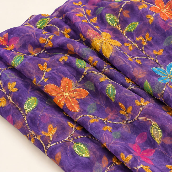Purple Embroidered Organza Fabric | Premium Sheer Material for Ethnic & Party Wear