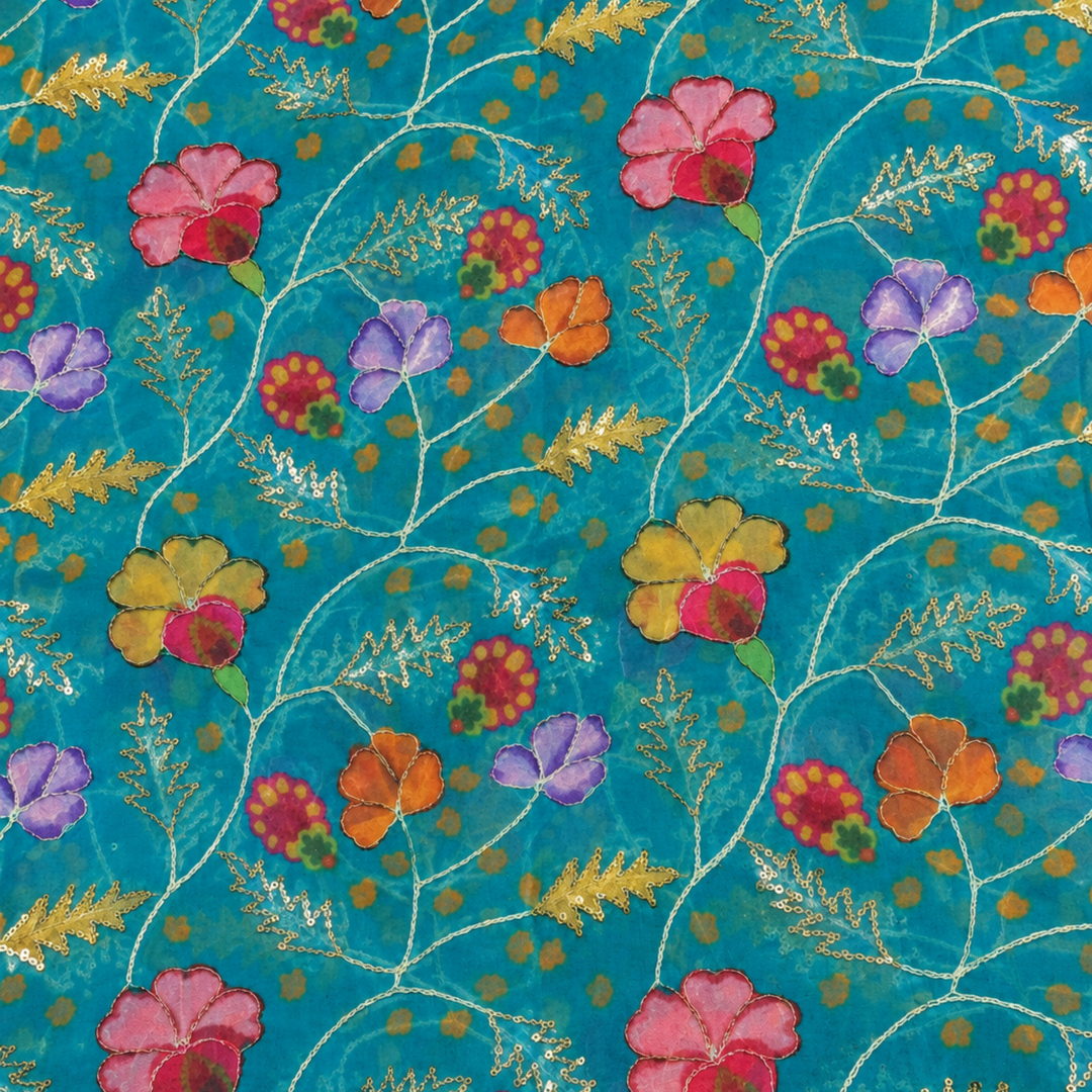 Peacock Blue Embroidered Organza Fabric | Premium Sheer Material for Ethnic & Party Wear