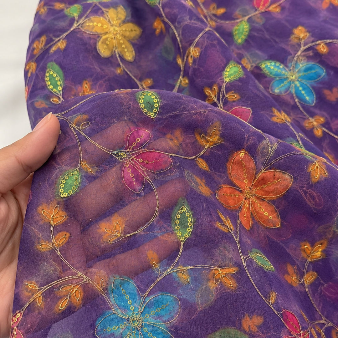 Purple Embroidered Organza Fabric | Premium Sheer Material for Ethnic & Party Wear