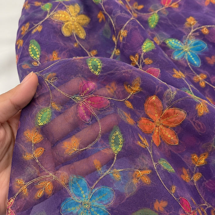 Purple Embroidered Organza Fabric | Premium Sheer Material for Ethnic & Party Wear