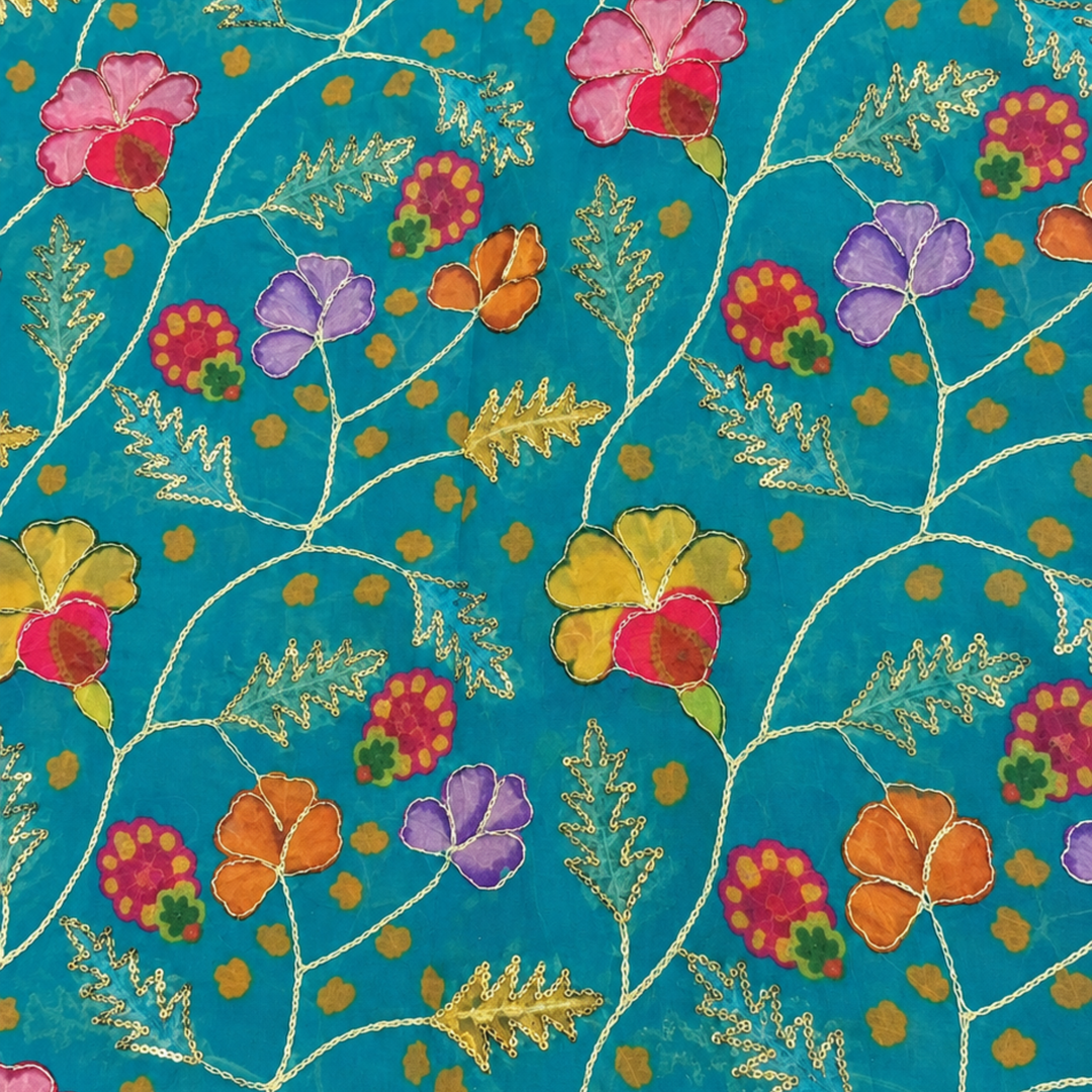 Peacock Blue Embroidered Organza Fabric | Premium Sheer Material for Ethnic & Party Wear