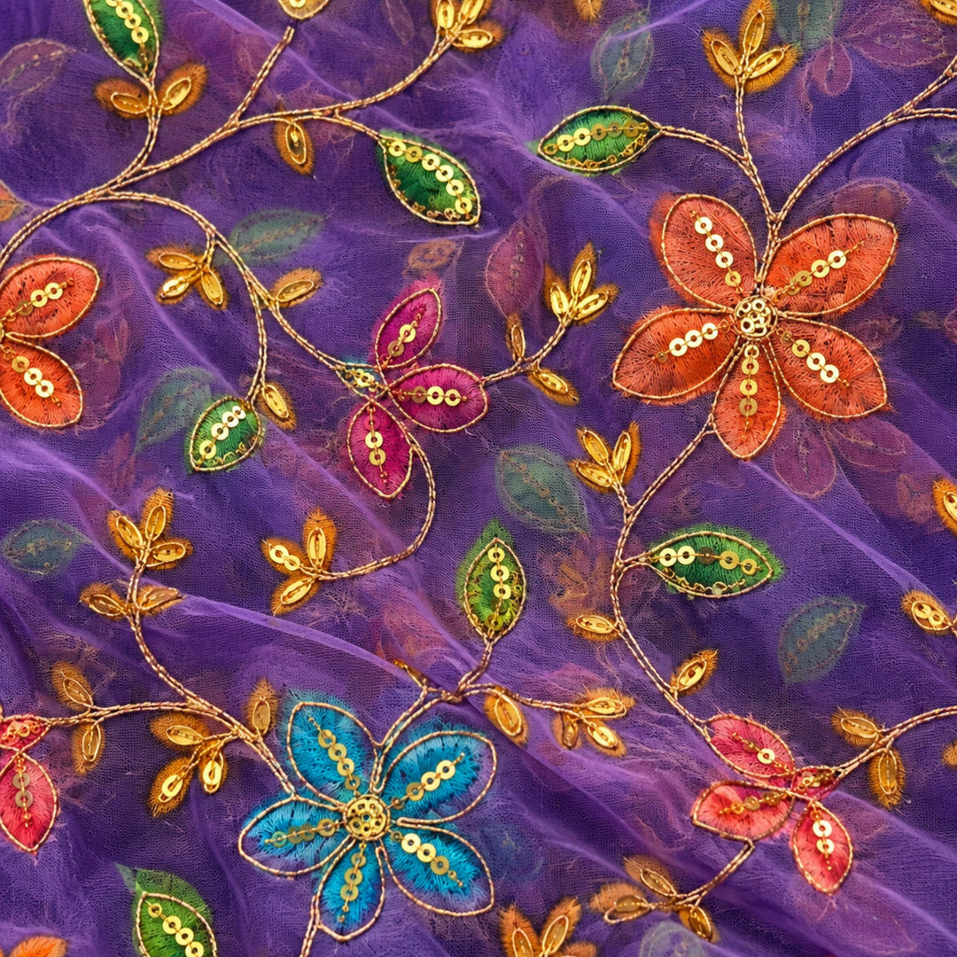 Purple Embroidered Organza Fabric | Premium Sheer Material for Ethnic & Party Wear