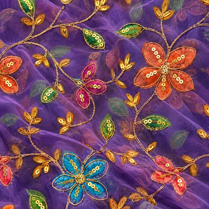 Purple Embroidered Organza Fabric | Premium Sheer Material for Ethnic & Party Wear