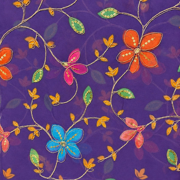 Purple Embroidered Organza Fabric | Premium Sheer Material for Ethnic & Party Wear