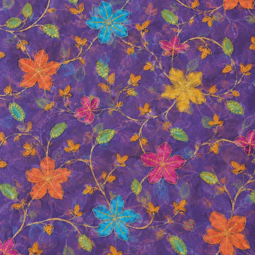 Purple Embroidered Organza Fabric | Premium Sheer Material for Ethnic & Party Wear