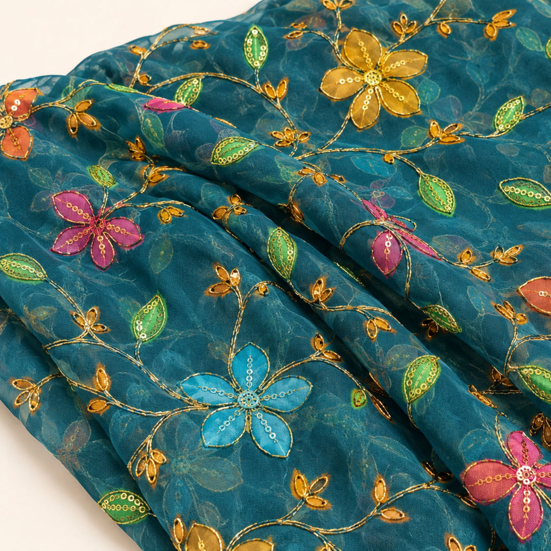 Teal Blue Embroidered Organza Fabric | Premium Sheer Material for Ethnic & Party Wear