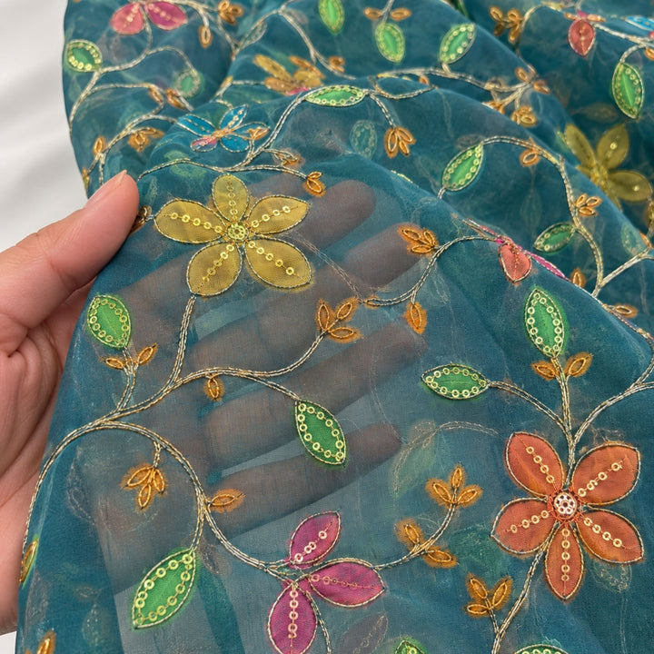 Teal Blue Embroidered Organza Fabric | Premium Sheer Material for Ethnic & Party Wear