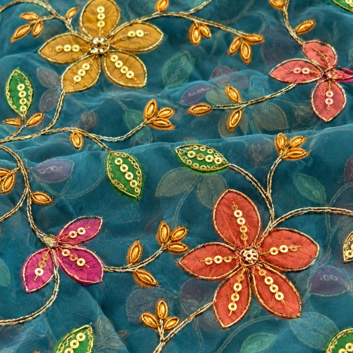 Teal Blue Embroidered Organza Fabric | Premium Sheer Material for Ethnic & Party Wear
