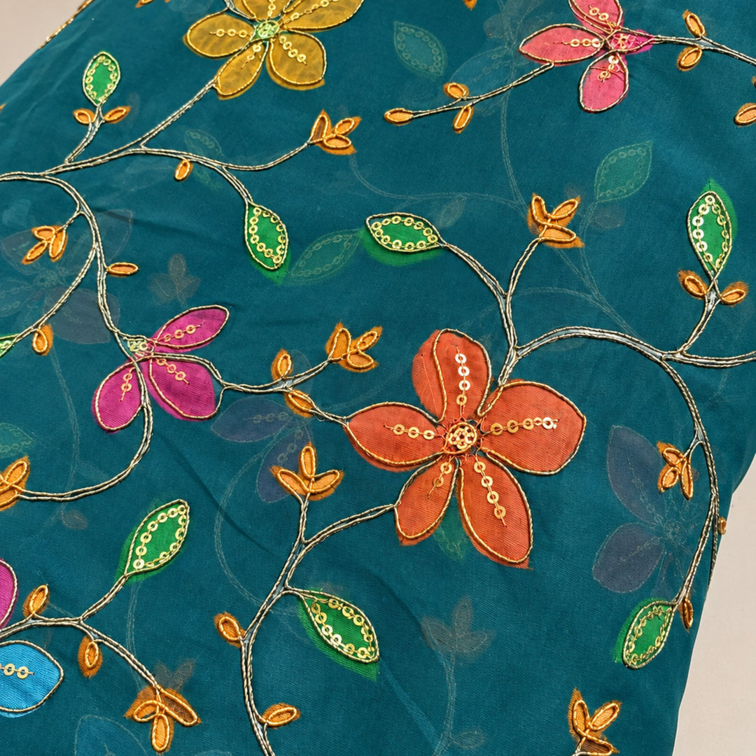 Teal Blue Embroidered Organza Fabric | Premium Sheer Material for Ethnic & Party Wear