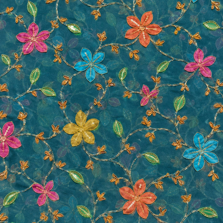 Teal Blue Embroidered Organza Fabric | Premium Sheer Material for Ethnic & Party Wear