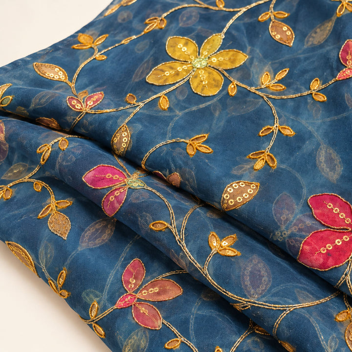 Slate Blue Embroidered Organza Fabric | Premium Sheer Material for Ethnic & Party Wear