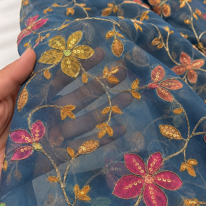 Slate Blue Embroidered Organza Fabric | Premium Sheer Material for Ethnic & Party Wear