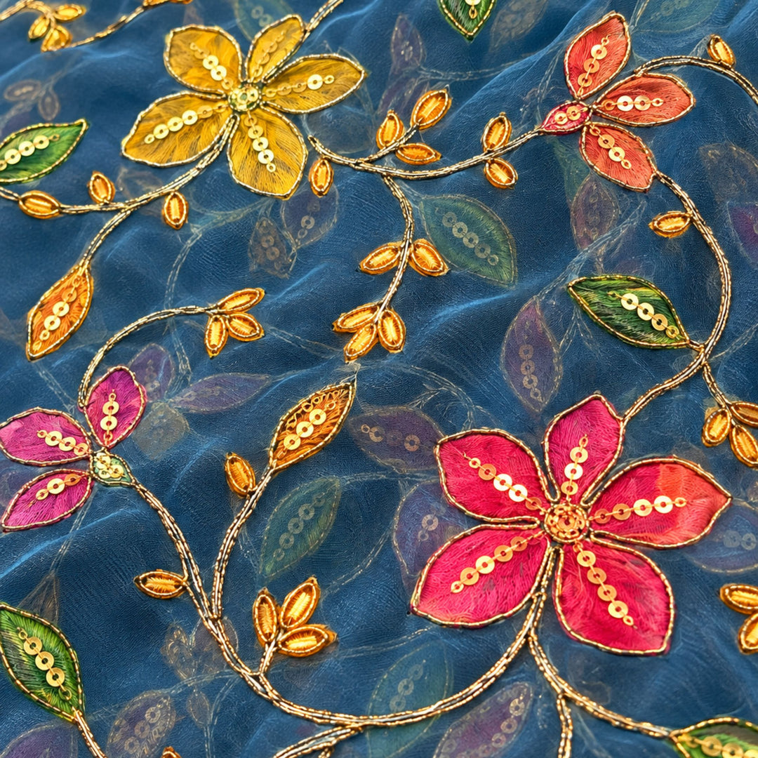 Slate Blue Embroidered Organza Fabric | Premium Sheer Material for Ethnic & Party Wear