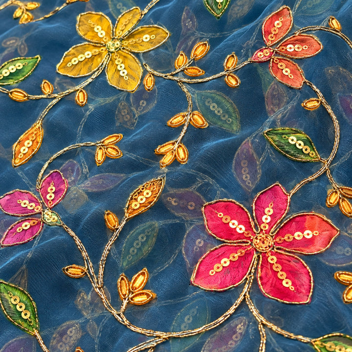 Slate Blue Embroidered Organza Fabric | Premium Sheer Material for Ethnic & Party Wear