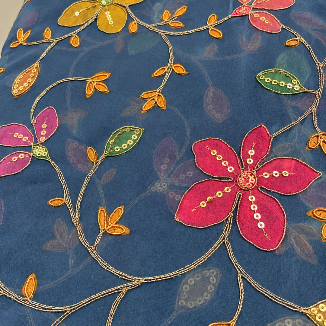 Slate Blue Embroidered Organza Fabric | Premium Sheer Material for Ethnic & Party Wear