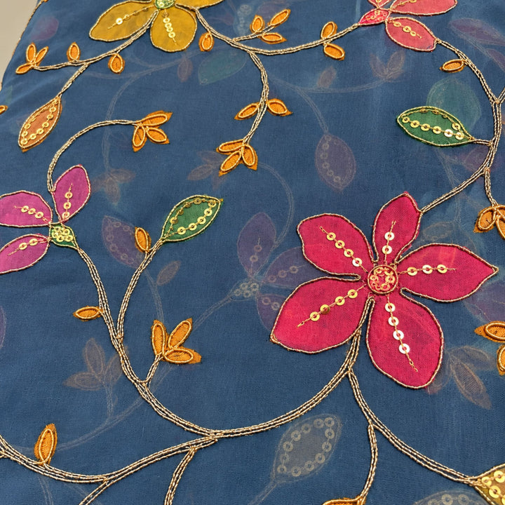 Slate Blue Embroidered Organza Fabric | Premium Sheer Material for Ethnic & Party Wear