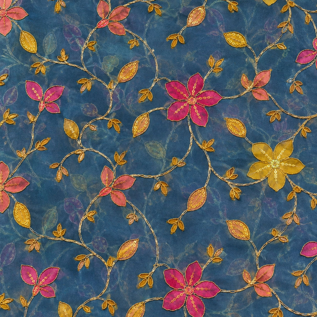 Slate Blue Embroidered Organza Fabric | Premium Sheer Material for Ethnic & Party Wear