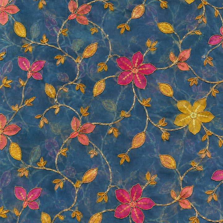 Slate Blue Embroidered Organza Fabric | Premium Sheer Material for Ethnic & Party Wear